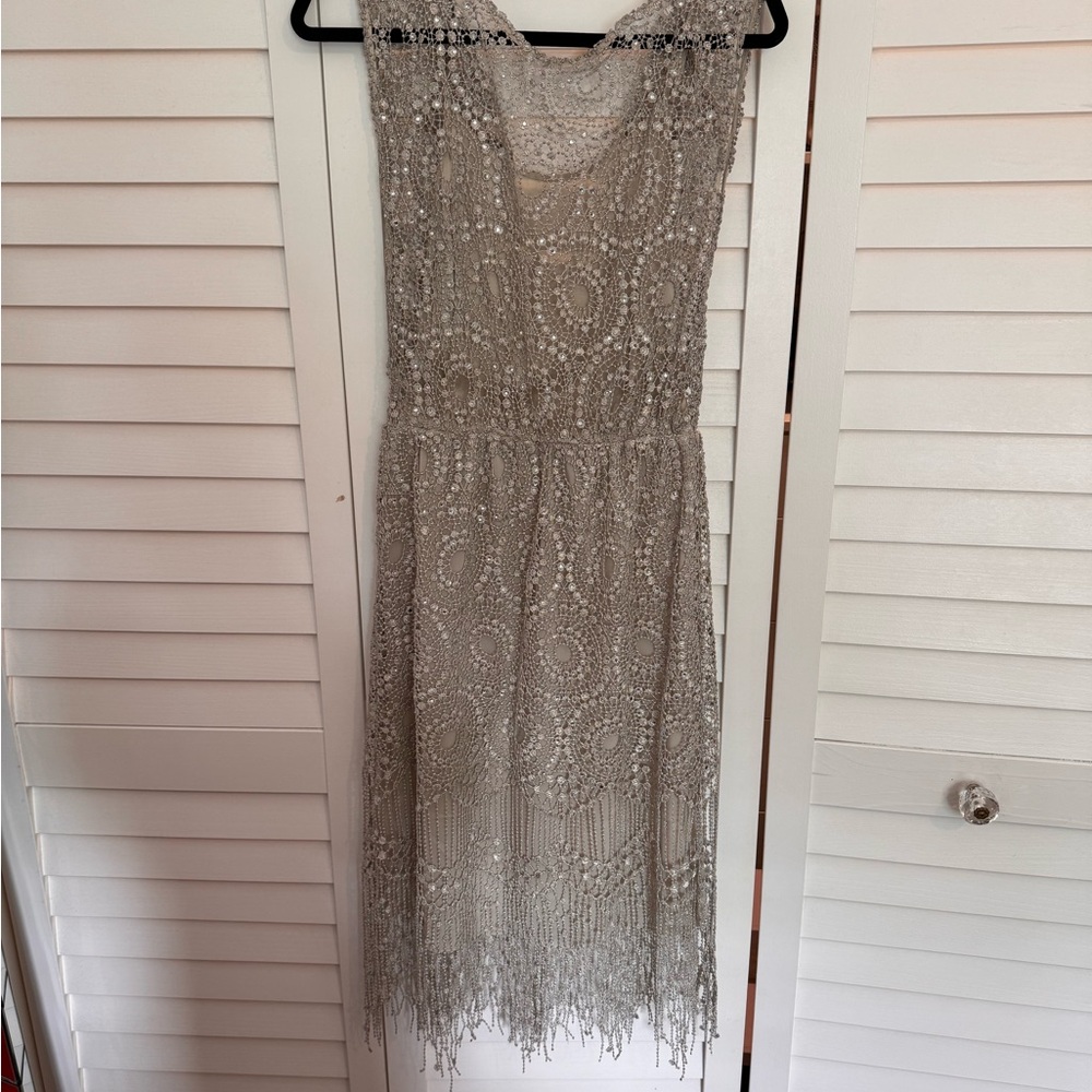 Alice + Olivia Beaded Silver Midi Dress